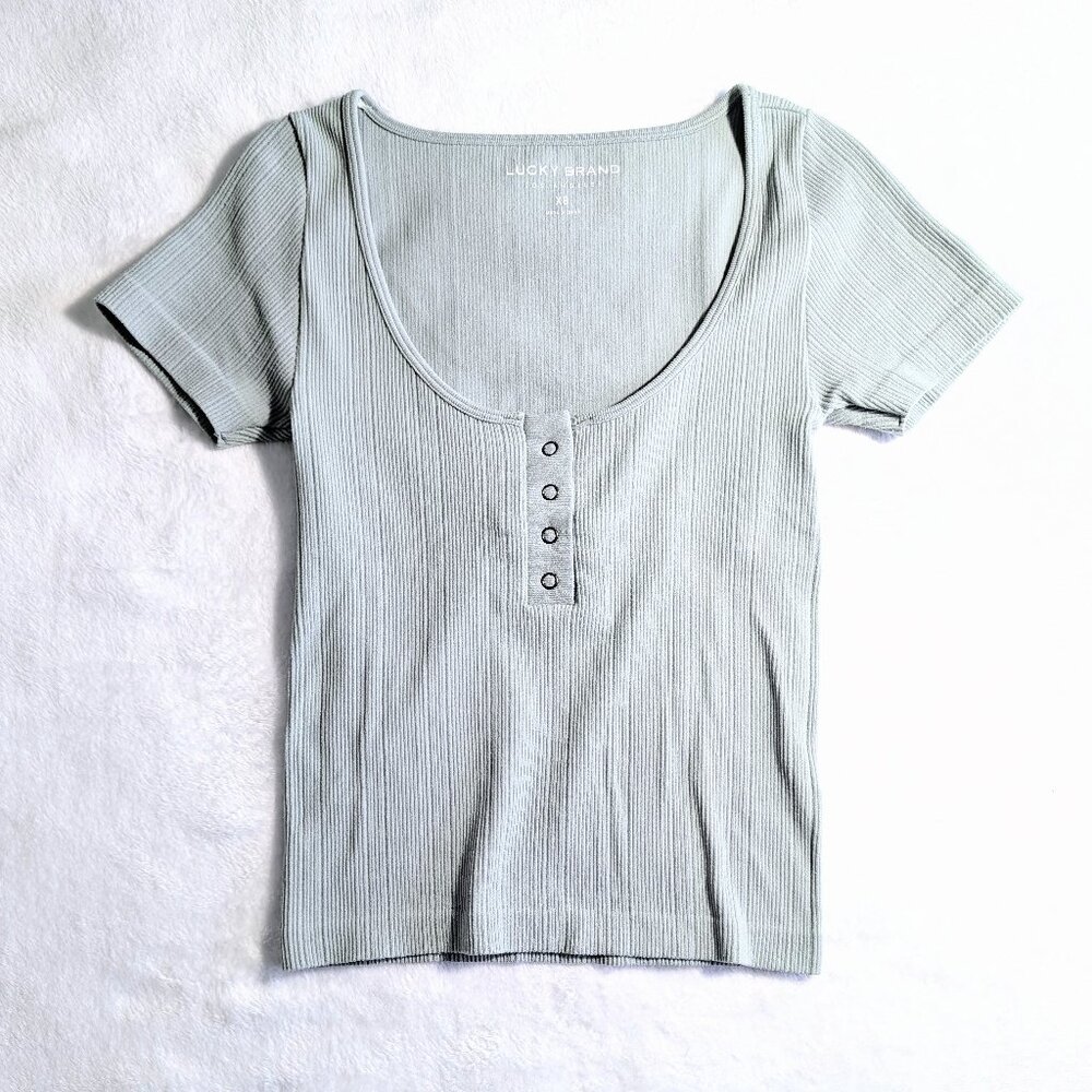 Lucky Brand Seamless Henley Tee Crop Top, Sage, XS